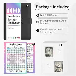 100 Envelope Money Saving Challenge Book with 100 Pocket Pre-numbered & Reusable Laminated Tracker