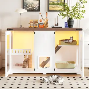 Large Enclosed Litter Box Furniture with Litter Tray, LED Light, Hidden Cat House, Stairs, Scratching Post, Smart-Door Cabinet Side Table, Quick Setup for Living Room, White