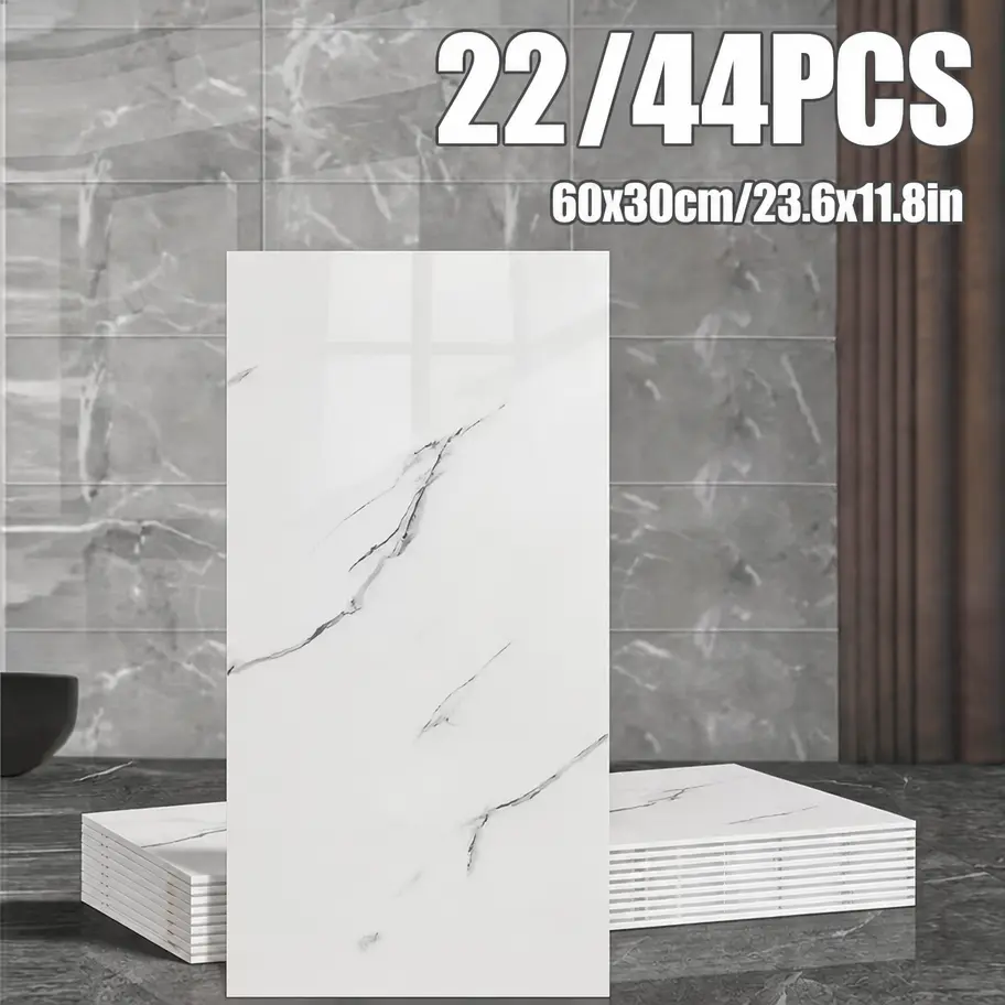 22-44Pcs Self-Adhesive Rectangular Marble Wall Panel Set - Extra Large LVP Marble Flooring Accent Tiles, Peel-and-Stick Removable Vinyl Planks, Gloss Finish, Easy Install/Remove for Bathroom, Kitchen