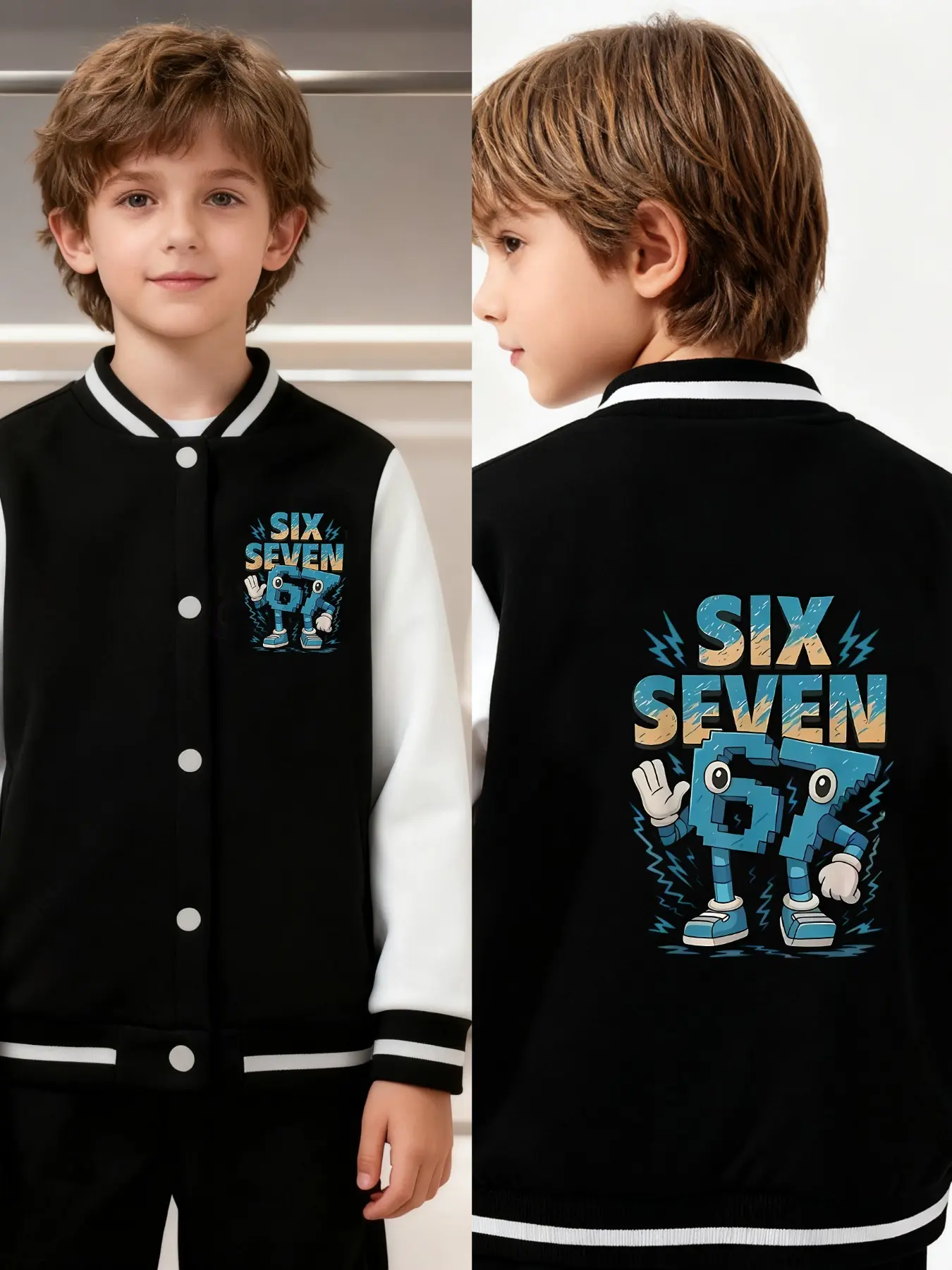 Cartoon Building Blocks Numbers 67, Sixseven Robot Printed Boys' And Girls' Spring/Autumn New Style Cool Baseball Jacket Cardigan Coat, Casual Comfy Jacket, Suitable For Daily Outdoor Use, Versatile For All Occasions, Ideal Gift Choice