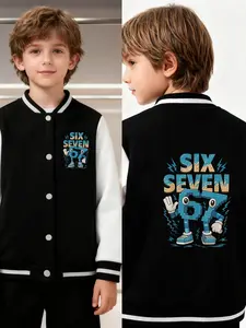 Cartoon Building Blocks Numbers 67. Sixseven Robot Printed Boys' And Girls' Spring/Autumn New Style Cool Baseball Jacket Cardigan Coat, Fashionable, Casual, Comfortable, Suitable For Daily Outdoor Use, Versatile For All Occasions, Ideal Gift Choice.