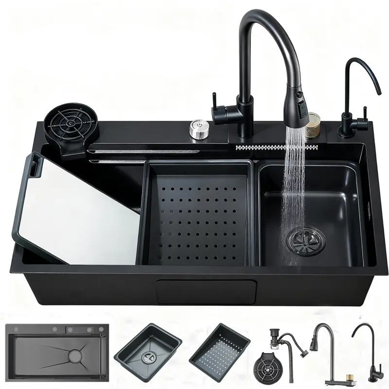 Modern Rectangular Drop-in Stainless Steel Kitchen Sink, 31.5×18 in Single Bowl Matte Gray Waterfall Sink with Pull-Out Flying Rain Mixer Faucet, Drain Assembly Accessories