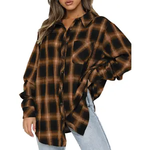 Women's Classic Long-Sleeve Button-Down Plaid Flannel Shacket with Pockets, Business Casual Blouse Shirts, Oversized Fit Clothes
