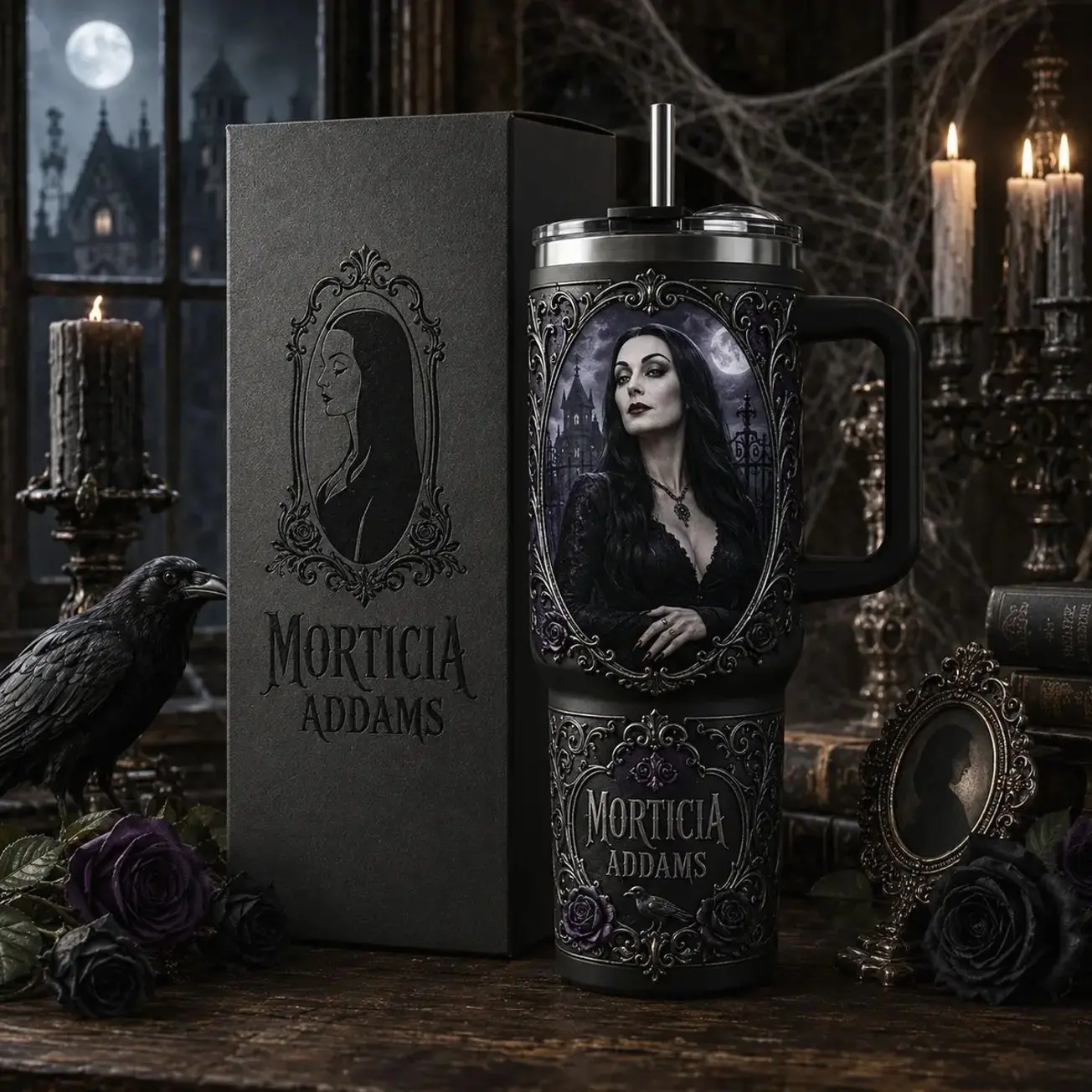 Morticia Addams 40oz Tumbler with Handle and Straw, Stainless Steel Vacuum Insulated Travel Mug, Gothic Halloween Cup, Dark Addams Family Drinkware, Gift for Gothic Horror Fans