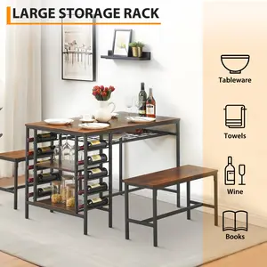 Kitchen Dining Set with Bench Seating, Built in Wine Rack and Storage Shelf, Space Efficient Table for Small Rooms