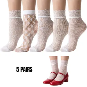 Women's 5 Pack Patterned Lace Anklet Socks - Elegant Lace Design with Ruffled Trim Detail for Comfort & Style Womenswear Everyday Feminine (White)
