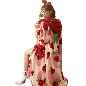 KUSHIE Cozy Strawberry Plush Women's Robe - Cute Loungewear, Cloud Cotton, Soft Fleece Blanket, Floral Design, Warm & Snuggly, Perfect Fit, Ultra-Soft Fabric