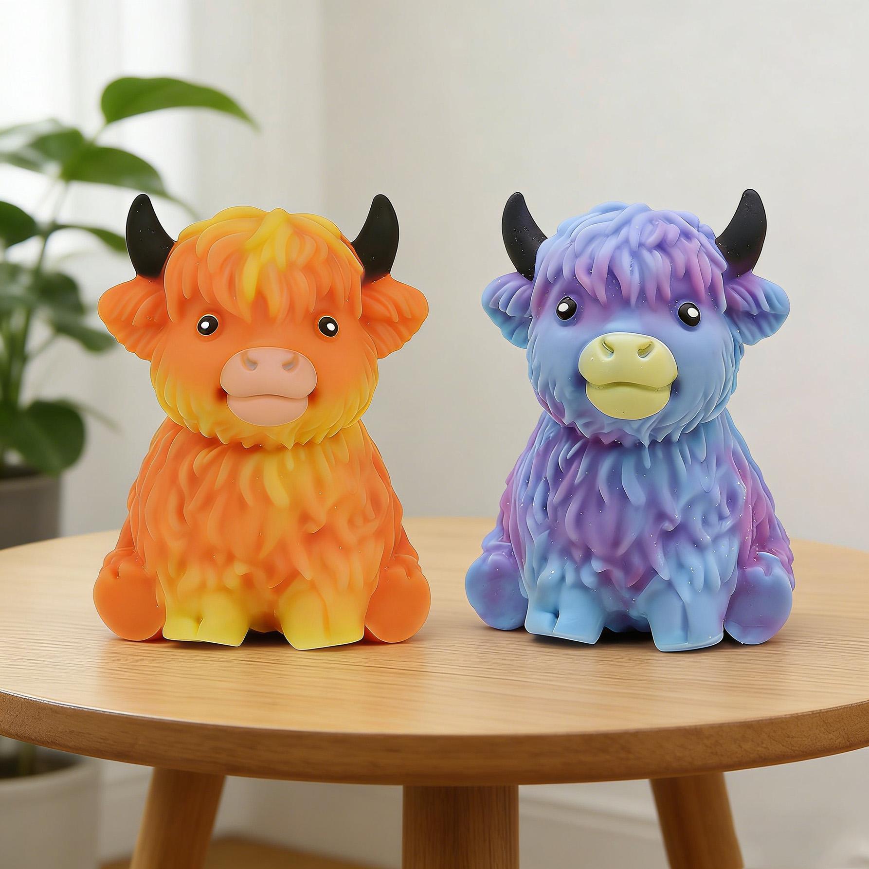 Highland Cow Squishy Statue Cute Scottish Resin Miniature Calf Figurine Squeeze Toy Slow Rising Kawaii Squishy Decompression Toy TikTok Trending Stress Relief Gift for Cow Lover Halloween Christmas Present