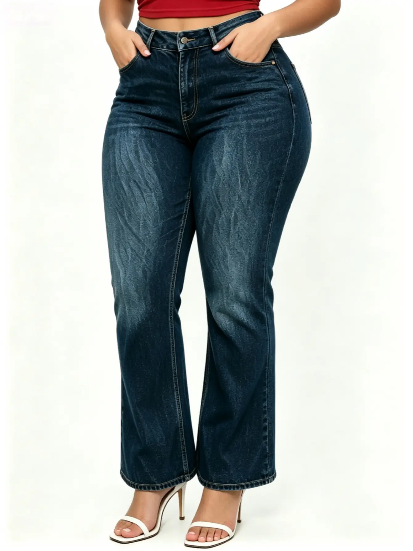 Women's Plus Size WH50 High-Waisted Elastic Slim Fit Jeans - Flare Bootcut Stretch Jeggings with Multi-Pockets, Cotton Faded Color-Sorted Wash, Minimalist Streetwear Casual Urban Daily Pants