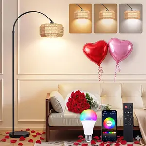 LED RGB Boho Floor Lamp with App/Remote/Foot Switch Control, Stepless Dimmable Arc Rattan Tall Standing Light with 3 Color Temperature, Adjustable Head, Over the Couch Reading Lamp for Living Room, Bedroom, Office, Farmhouse