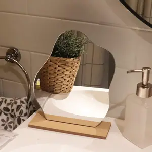 1pc Irregular Aesthetic Makeup Mirror Frameless Acrylic Desktop Mirror with Wooden Stand for Living Room Bedroom Office Home Decor Cloud Shape, Durable, Modern Mirror