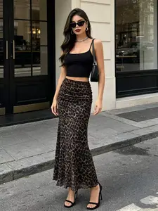 Women's Leopard Print Mesh Lightweight Midi Skirt, High Waist Pleated Long Skirt, Elastic Waist Layered Leopard Mesh Half Skirt, Sexy Y2K Street Casual Office Style Fit