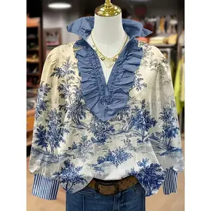 Spring & Summer Bohemian Style Classic Blue Floral Pattern Top V-Neck Ruffled Edge Striped Edge Ultra Exquisite Casual Lightweight Commuting Wear Blouses Fit Womenswear Long Sleeve Tee Shirts Fabrics