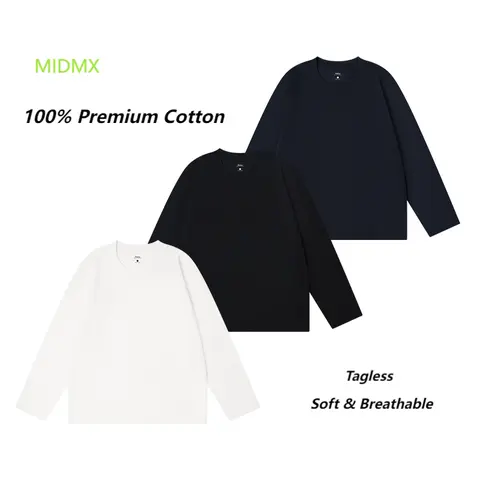 MIDMX Men's 100% Premium Cotton Plain Long Sleeve T-Shirt - Relaxed/Fitted Round Neck Streetwear Clothing Top, Cold Wash Compatible, XS-XL Sizes, Everyday Wear Long Sleeve Tops