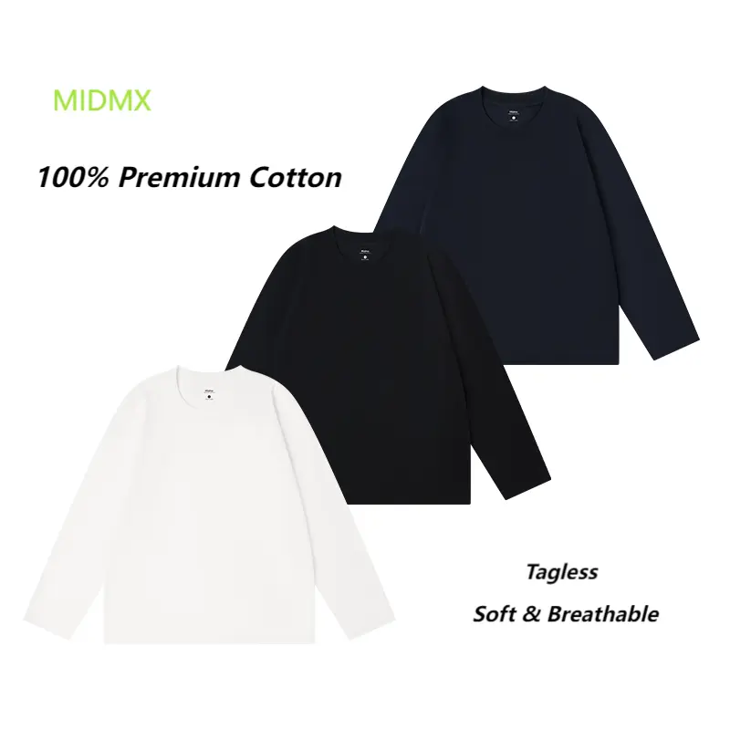 MIDMX Menswear Men's 100% Premium Cotton Basic Long Sleeve Tops, Casual Solid Round Neck Relaxed-Fit T-Shirt for Everyday Wear, Tshirt