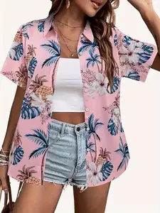 Women's Hawaiian Tropical Floral Print Short Sleeve Button Shirt Blouse, Lightweight Casual Vacation Style, Summer Beach Wear, All Seasons, Button Down Blouses
