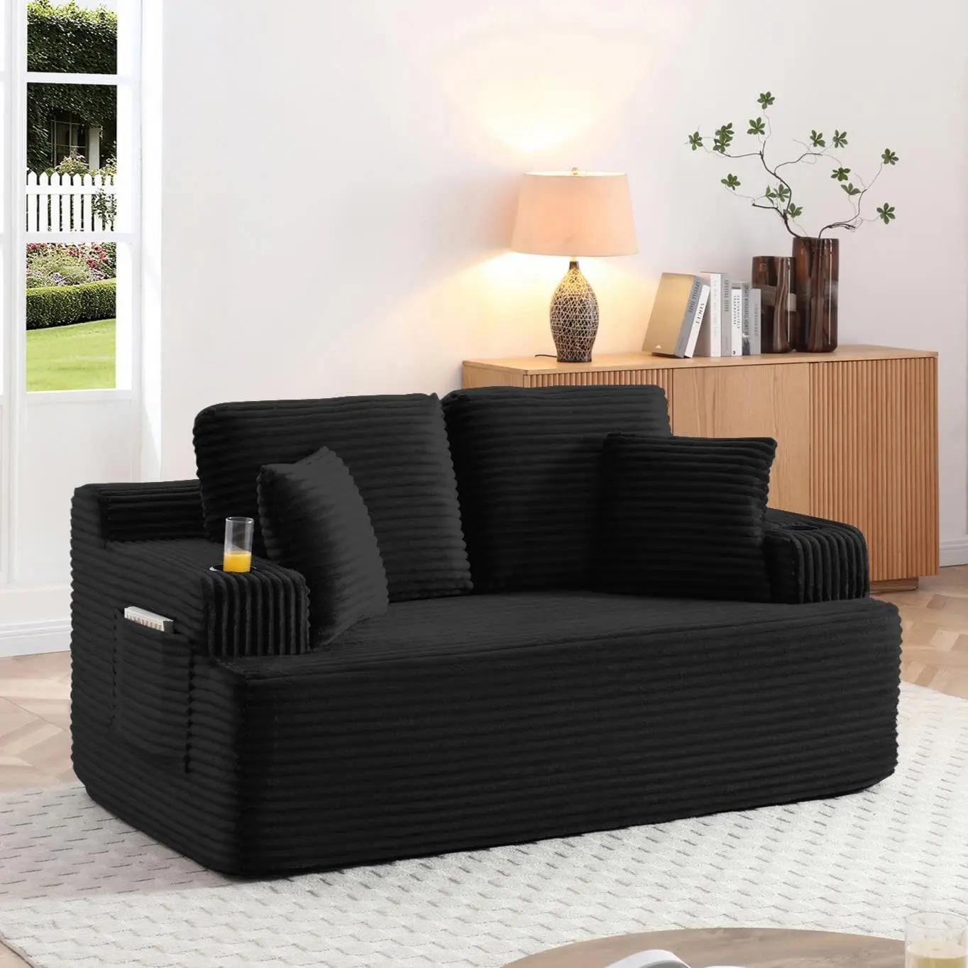 66.5" Length Boneless Form Corduroy Sofa Couch with Foam Cushion, Built-In Cups, Side Pockets, Fixed Arms & 2 Throw Pillows, Modern Upholstered Loveseat for Living Room, No Assembly (Black)
