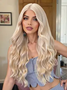 Long Blonde Wavy Wigs for Women, Gorgeous Fluffy Wigs without Bangs, Synthetic T Part Lace Wigs for Party, Daily Use