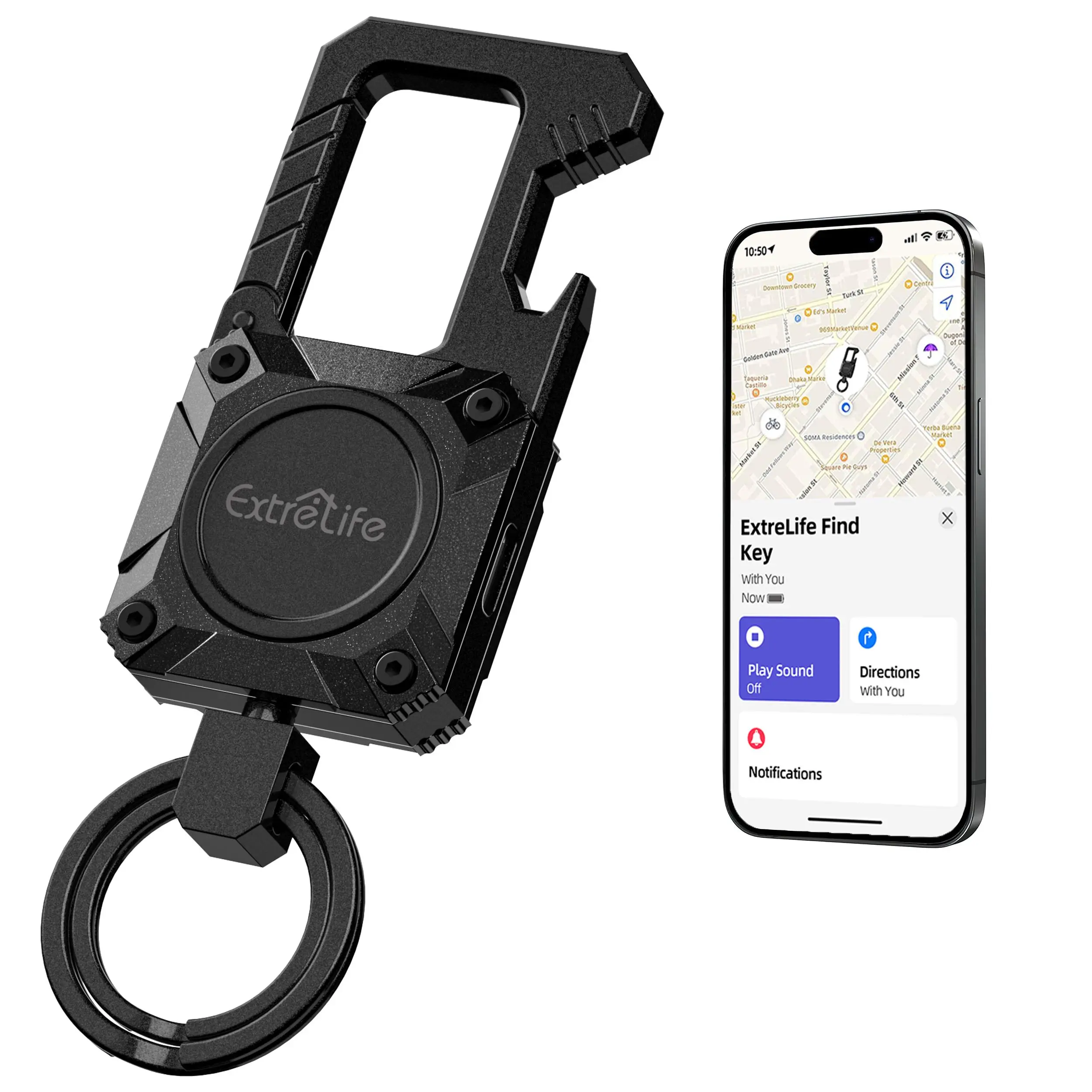 Keychain with Apple Find My GPS Tracker Heavy Duty Bottle Opener Carabiner for Luggage Kids Bags Rechargeable Black Smart Tag Travel Gadgets Black【Pos