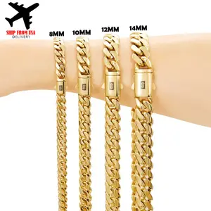 8-14MM Black S Clasp 14K Gold Cuban Link Chain Necklace For Men Chunky Hip Hop Jewelry Stainless Steel Rope Chain