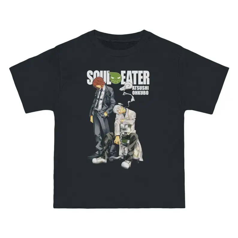 Soul Eater Maka Albarn And Soul Evans Anime T-Shirt, Atsushi Ohkubo Manga Duo Graphic Shirt With Dark Academy Vibe And Cool Smoking Pose Aesthetic, Classic Otaku Streetwear Gift For Fans, Unisex Cotton Crewneck T-Shirt Menswear Womenswear Streetwear Top