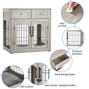 Garvee 32'' Wooden Dog Crate Furniture, Farmhouse Dog Kennel Indoor Furniture Style Dogs Crate Table with 2 Drawers for Small, Medium & Large Dogs Grey