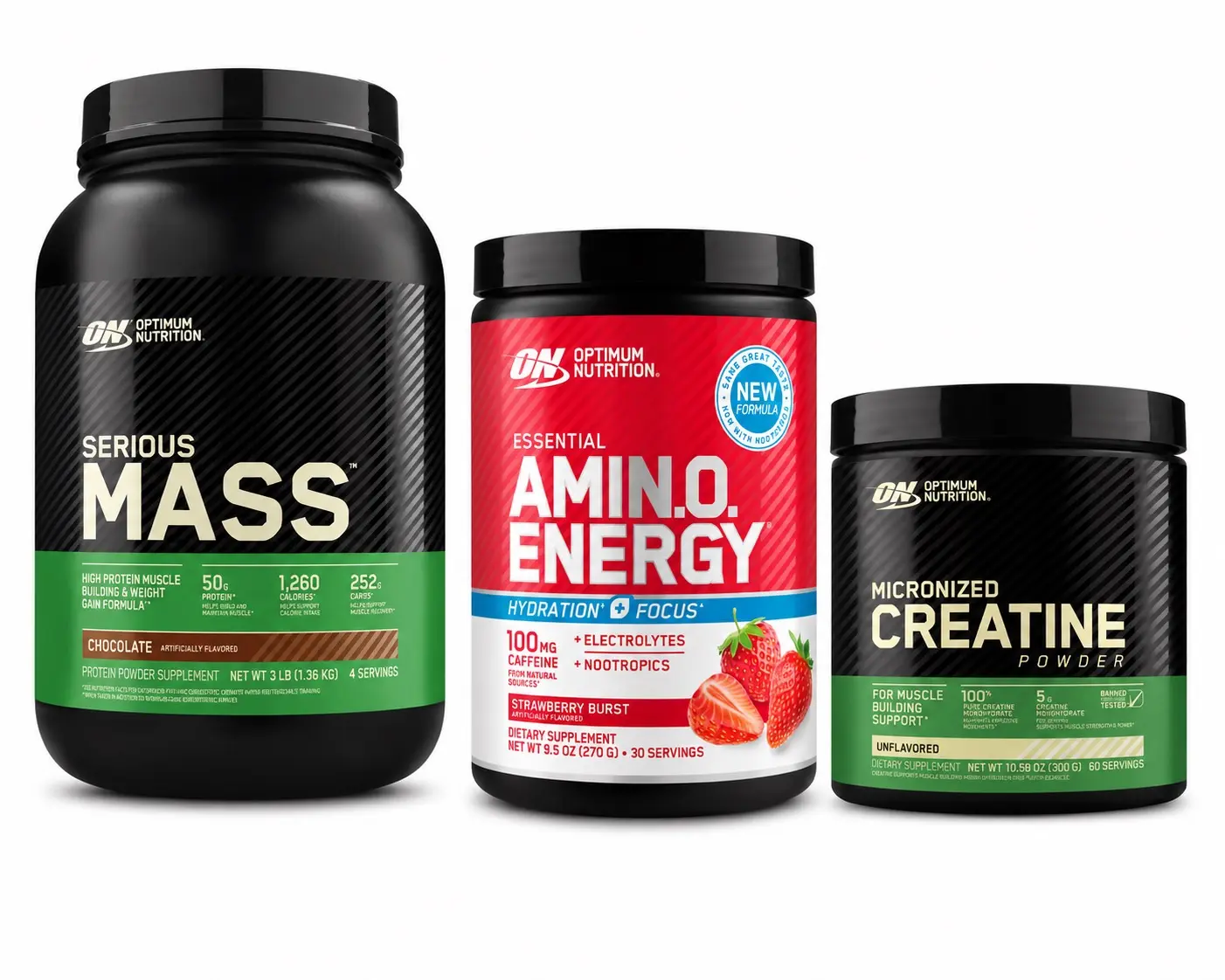 Optimum Nutrition Fitness Dietary Supplement Bundle - Serious Mass Protein Powder, Amin.O. Energy, Micronized Creatine