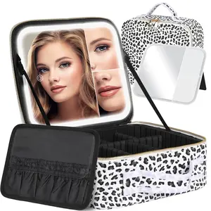 Leopard Travel Makeup Bag With Light Up Mirror, With 2X3X Magnifying Mirror And Adjustable Partitions, Portable Makeup Storage Box With 3 Color Lights For Cosmetics, Make-up Accessories