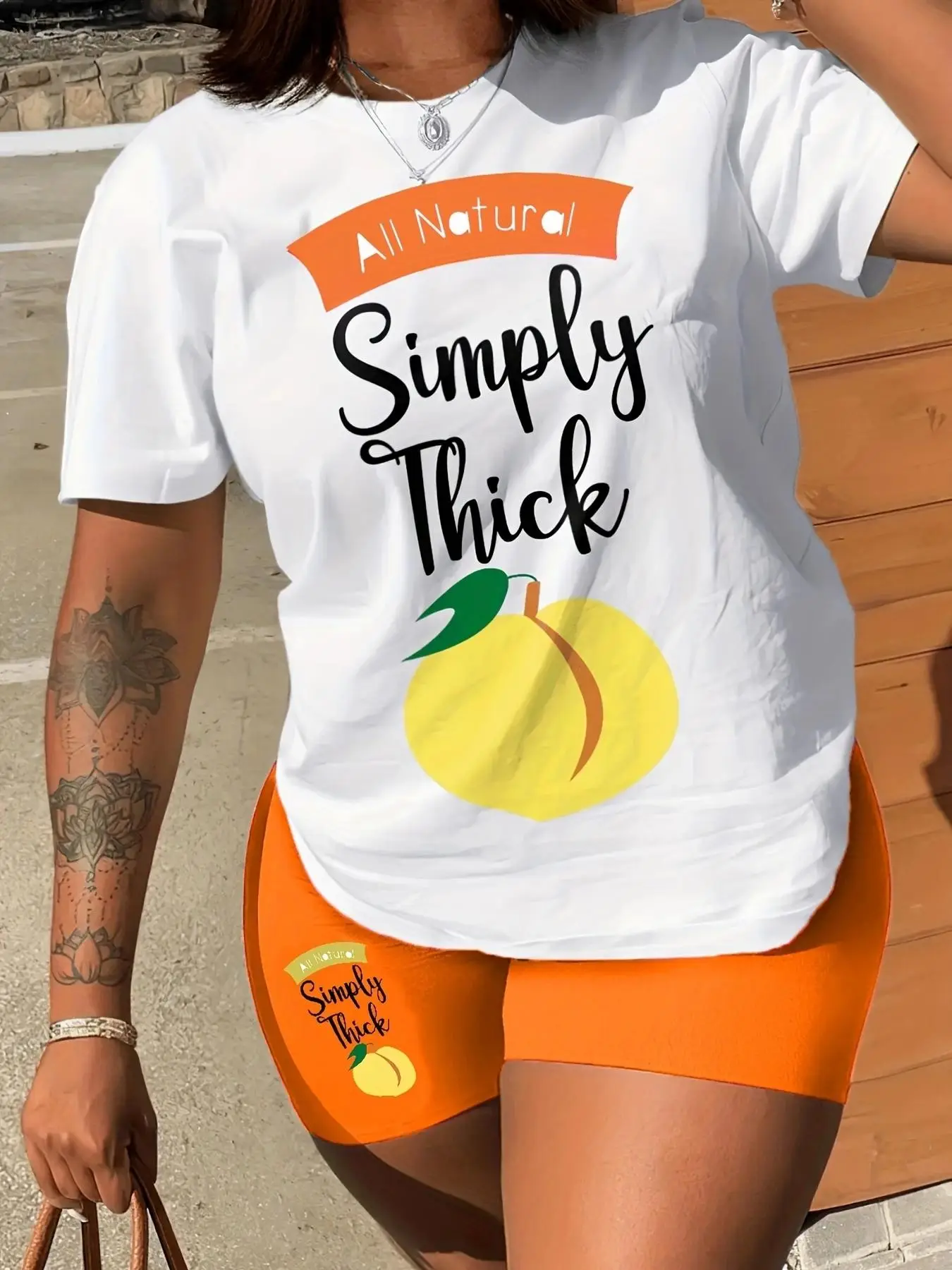 Women's Short Sleeve Graphic Tee & Skinny Shorts Matching Sets, Fruit Letter Print Round Neck T-shirt & Shorts Two Piece Set, Back-to-school Clothing,