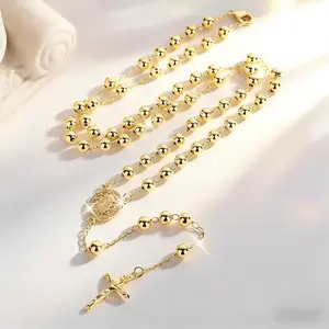 Serelune B Fashion Hollow Our Lady of Guadalupe Pendant Rosary Necklace, 14K Gold-Plated 6mm Round Bead Chain, Sacred Religious Jewelry Charm Necklace for Daily Prayer & Holiday Gifts