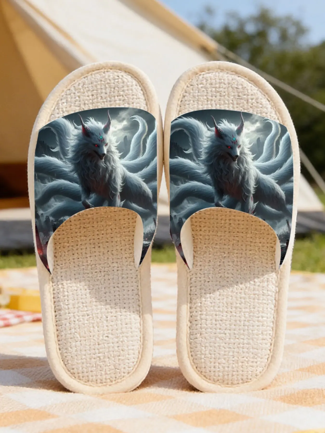 Chinese Style Nine-Tailed Fox Slippers, Breathable Herringbone Linen, Cool and Mysterious Four-Season Soft Sole Shoes, Home Comfort Footwear
