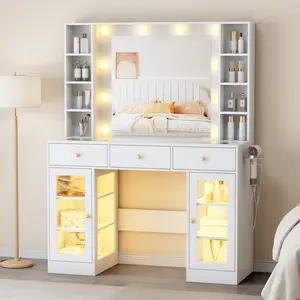 Makeup Vanity Desk with Mirror and Lights, LED Lights & Built-in Power Outlet, Modern Makeup Vanity with 4 Drawers & 2 Cabinets, 7 Storage Shelves, Dimmable Lighting, Dressing Table for Bedroom