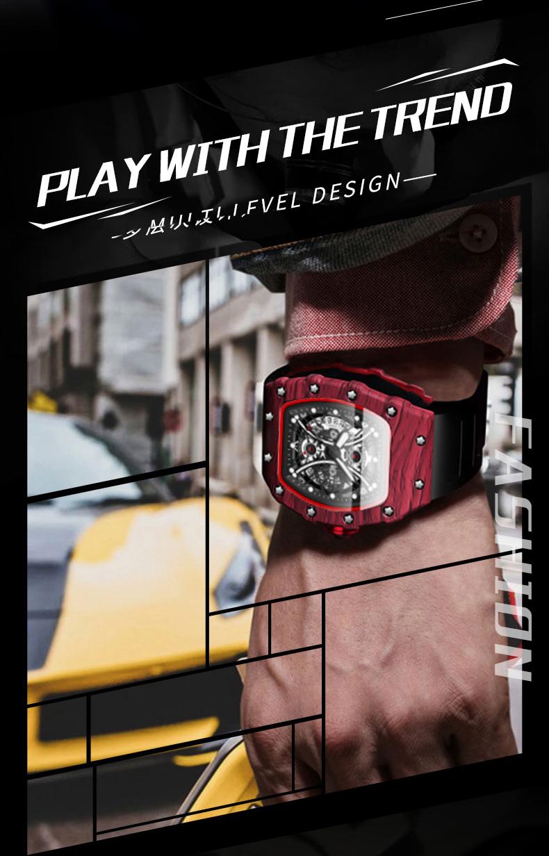 Men's Carbon Fiber Skeleton Tonneau Watch, Black Silicone Band, Sporty Quartz Wristwatch