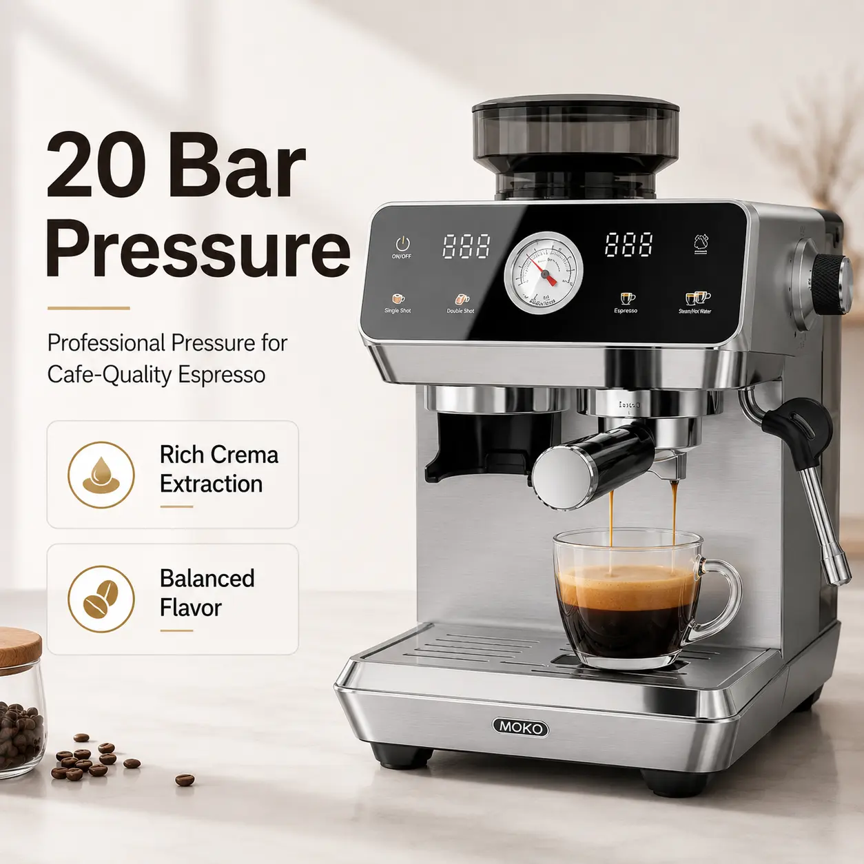 [SummerWins] 20-Bar Espresso Machine with Built-In Grinder, Stainless Steel Body, Pressure Gauge & Steam Wand, Multi-Function Coffee Maker for Latte, Cappuccino & Americano