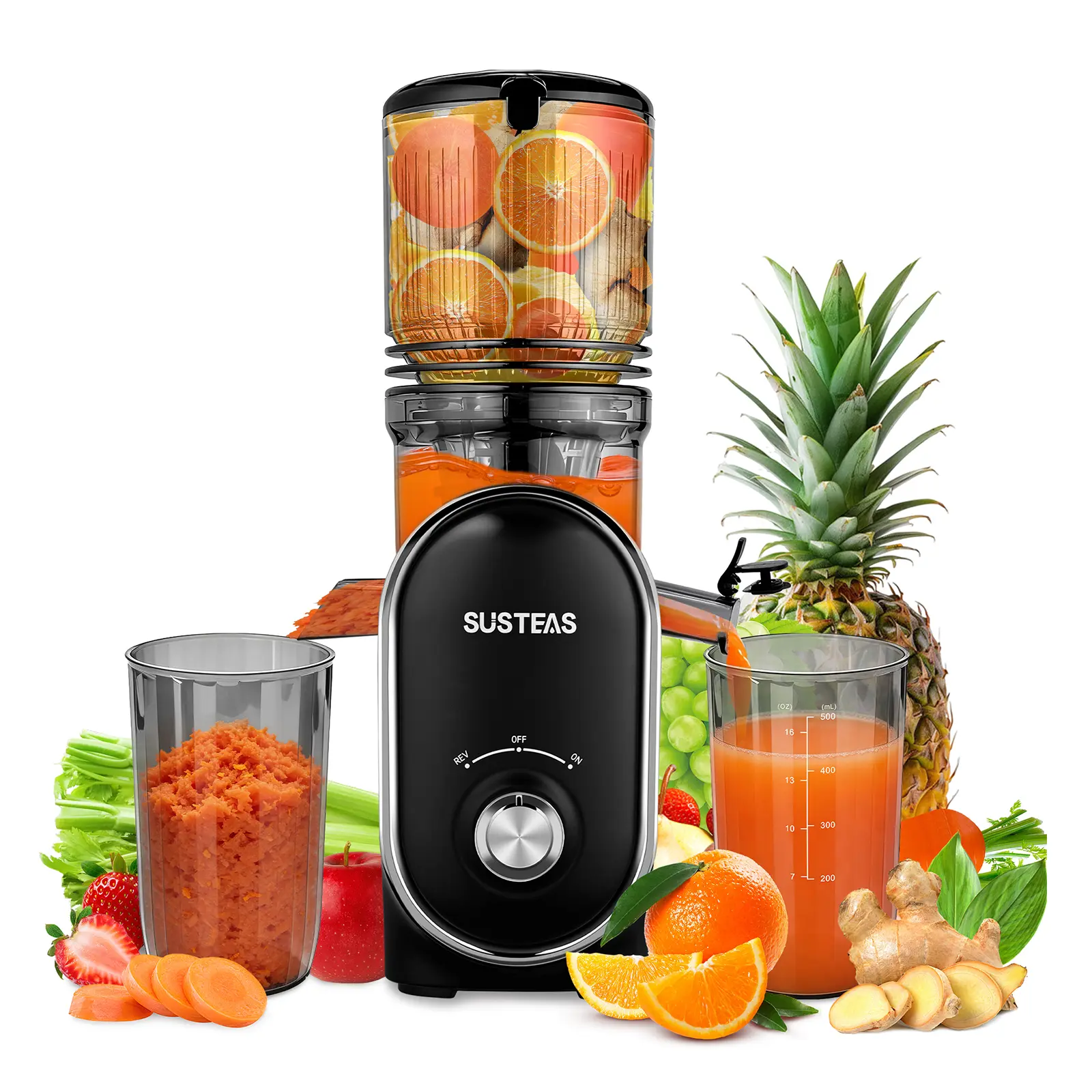 SUSTEAS 5.3in Cold Juicer Machine - Wide Mouth Whole Fruit & Vegetable Juicer with 2 Filters, No Pre-Cutting, Higher Nutrient Yield, Less Waste for Greens, Two Filters