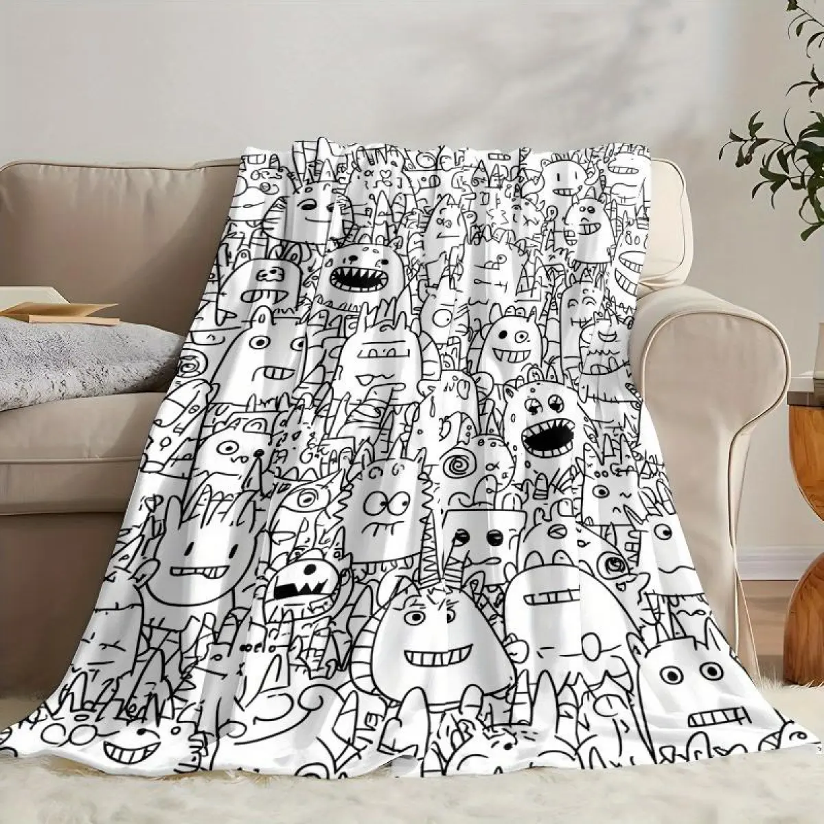 Graffiti-Paintable Whimsical Cartoon Flannel Blanket - Black & White Bold Print, Stain-Resistant, Soft, Durable, Cozy Bedding Throw Gift for Birthdays, Holidays (Black Pattern, Cartoon Scene, Cute Print, Animal Artwork, Art Graphic Styles), Black Pattern