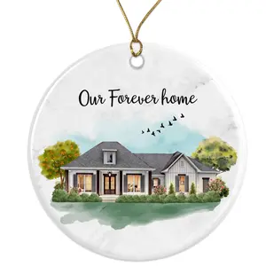 Custom House Portrait Ornament - Our Forever Home Watercolor Painting, New Home Gift, Realtor Closing Gift Ceramic Ornament -  - 3 Inch Christmas Tree Round Ornament - Xmas Holiday Decor - String Included - ORNW0303