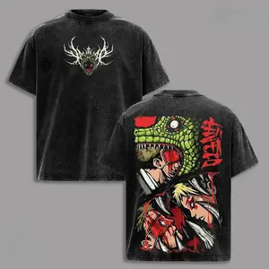 Women's Caiman Dorohedoro Anime Graphic Short-Sleeve T-Shirt - Acid Washed Heavy Cotton Oversized Loose Top, Lizard Head Mask Hole City Retro Print, Unisex Hip Hop Streetwear, Shortsleeve, Tshirt