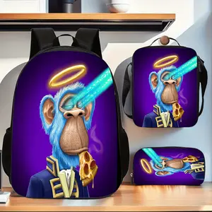 3Pcs NFT Monkey Ape Print Backpack Set Durable 600D Oxford Cloth School Bag Insulated Lunch Box & Pencil Case Combo Adjustable Breathable Strap Large Capacity Fits 15in Laptop for Kids Teens School Travel Outdoor Use