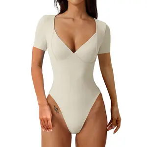 Women's Short Sleeve Bodysuit V Neck Body Suits Seamed Cup Going Out Tops Shirt bust jumpsuit fajas colombianas butt lifter