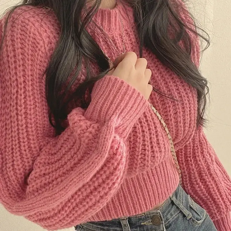 Casual Retro Harajuku Style Lantern Long Sleeve Women's Sweater Korean Autumn Winter Knitted Top Soft Warm Unique Solid Color Women's Sweater