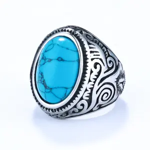 Unisex Carved Minimalist Square Turquoise Ring Unique European and American Style for Women Sizes 7-15 20 Grams