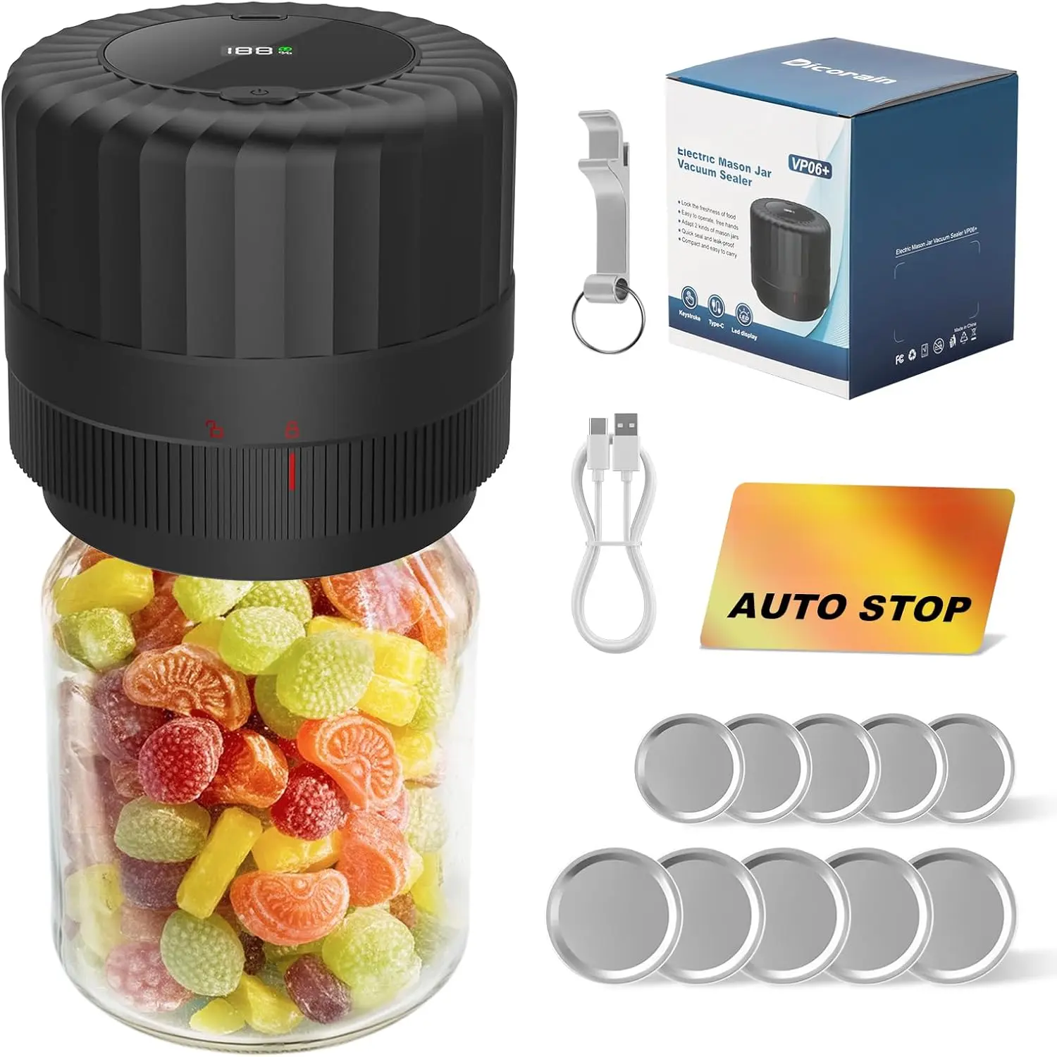 Electric-Mason-Jar-Vacuum-Sealer, Automatic Wide Mouth and Regular Mouth Mason Jar Vacuum Sealer Kit, VP06+ Vaccum Sealer for Jars with Opener & 5 Pairs of