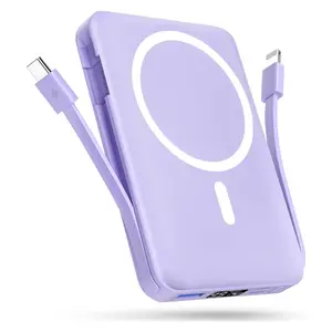 Podoru Multifunctional 10000mAh Power Bank, Wireless Magnetic Travel Charger Built-in USB C Lighting Cable, MagSafe for iPhone 17/16/15/14/13/12 Series