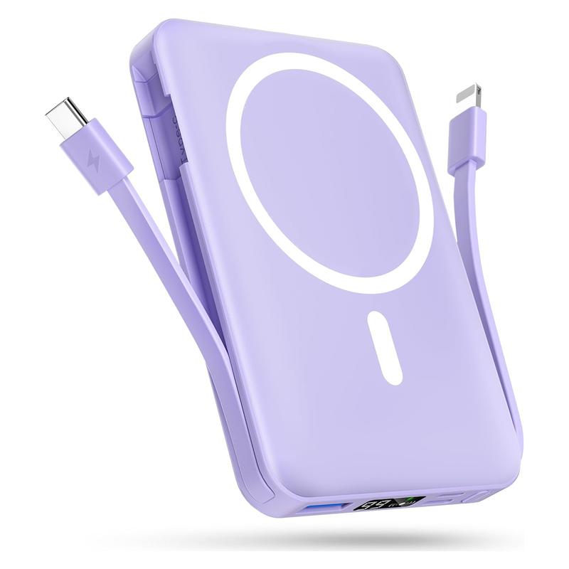 Podoru Multifunctional 10000mAh Power Bank, Wireless Magnetic Travel Charger Built-in USB C Lighting Cable, MagSafe for iPhone 17/16/15/14/13/12 Series