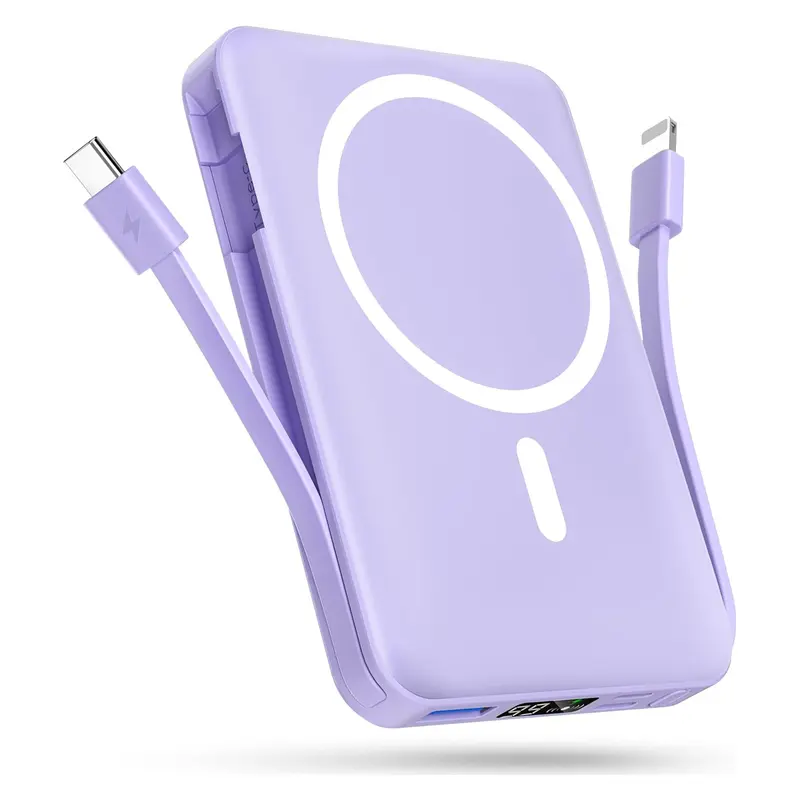 Podoru Multifunctional 10000mAh Power Bank, Wireless Magnetic Travel Charger Built-in USB C Lighting Cable, MagSafe for iPhone 17/16/15/14/13/12 Series