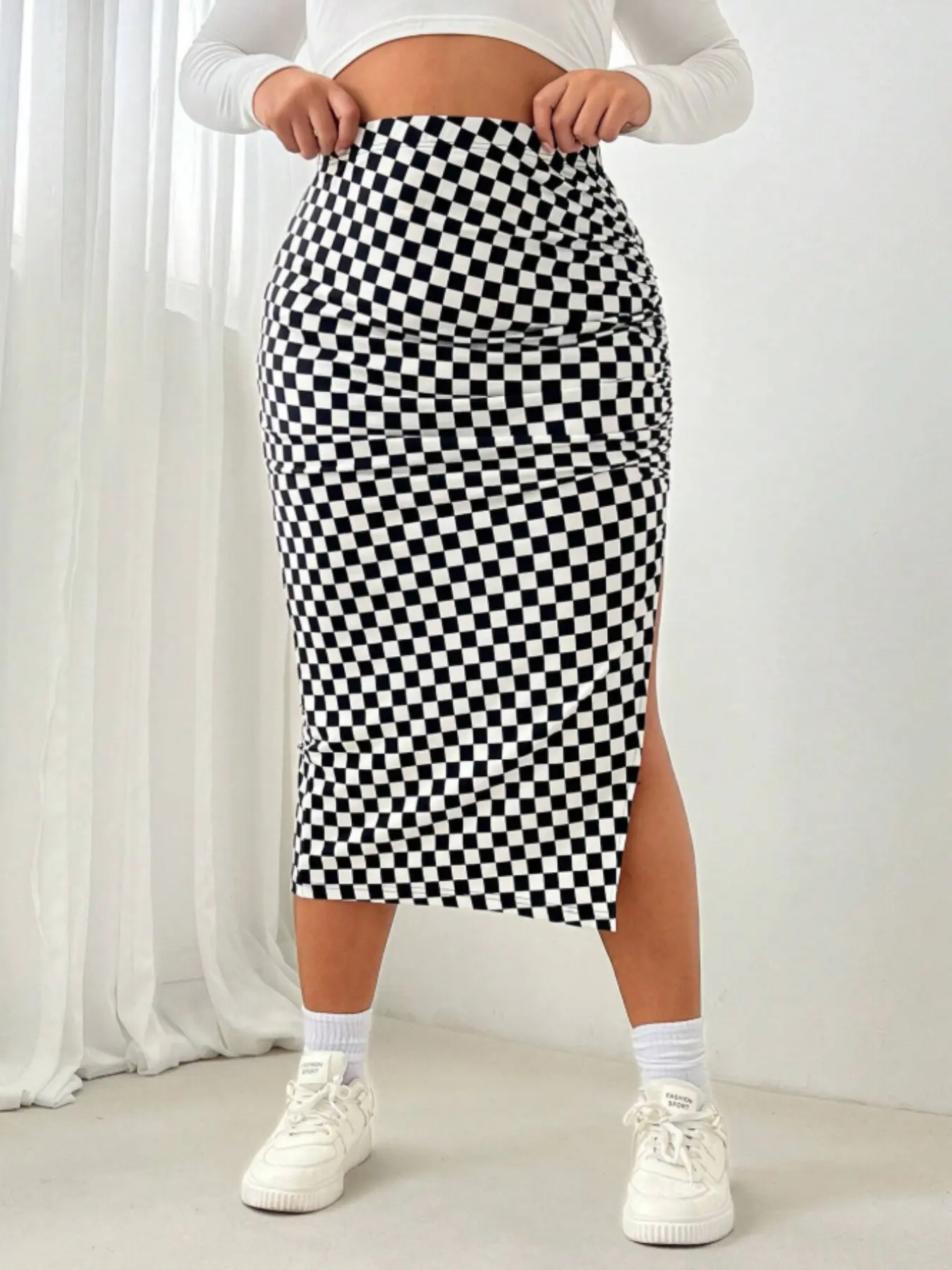 Plain Versatile Plaid High Waist Shrink Wrap Bodycon Fit Skirt, Fashionable and Comfortable, Casual, Perfect for Daily Wear Everyday, Womenswear