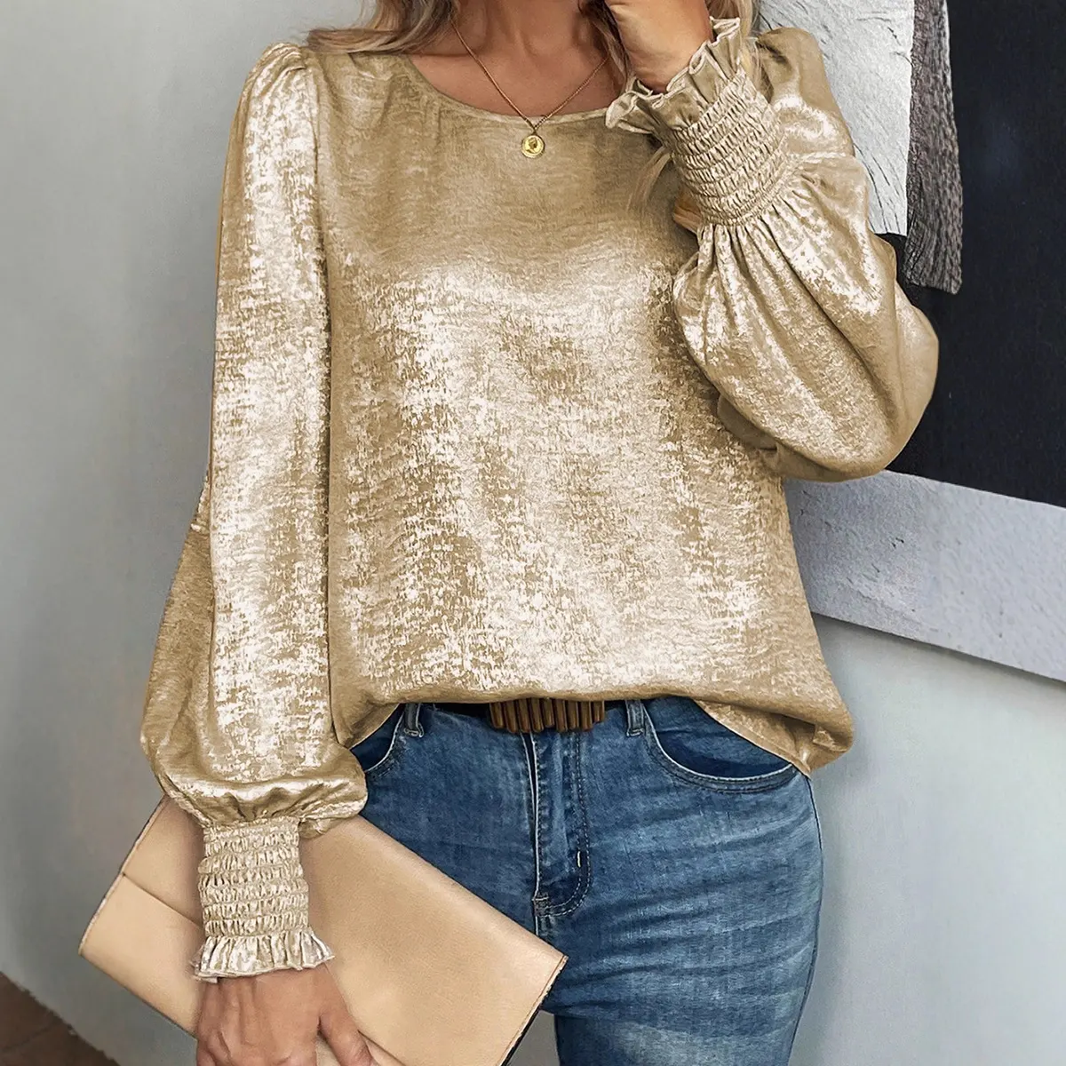 Women's Minimalist Solid Shirred Blouse - Fitted Cut, Long Sleeve, Round Neck, Polyester, Plus Size, Dressy Casual Tops for Business Work, Korean Style