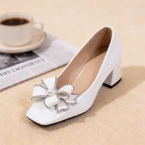 Ladies' high heels. Minimalist material exudes soft texture, toe rhinestone bow with pearls adds exquisite details and charm. Block heel boosts height & stability, round toe fits well, ideal for work & dates, versatile comfy staple