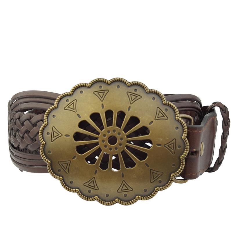 Hand Braided Leather Belt with Navajo-Style Floral Buckle
